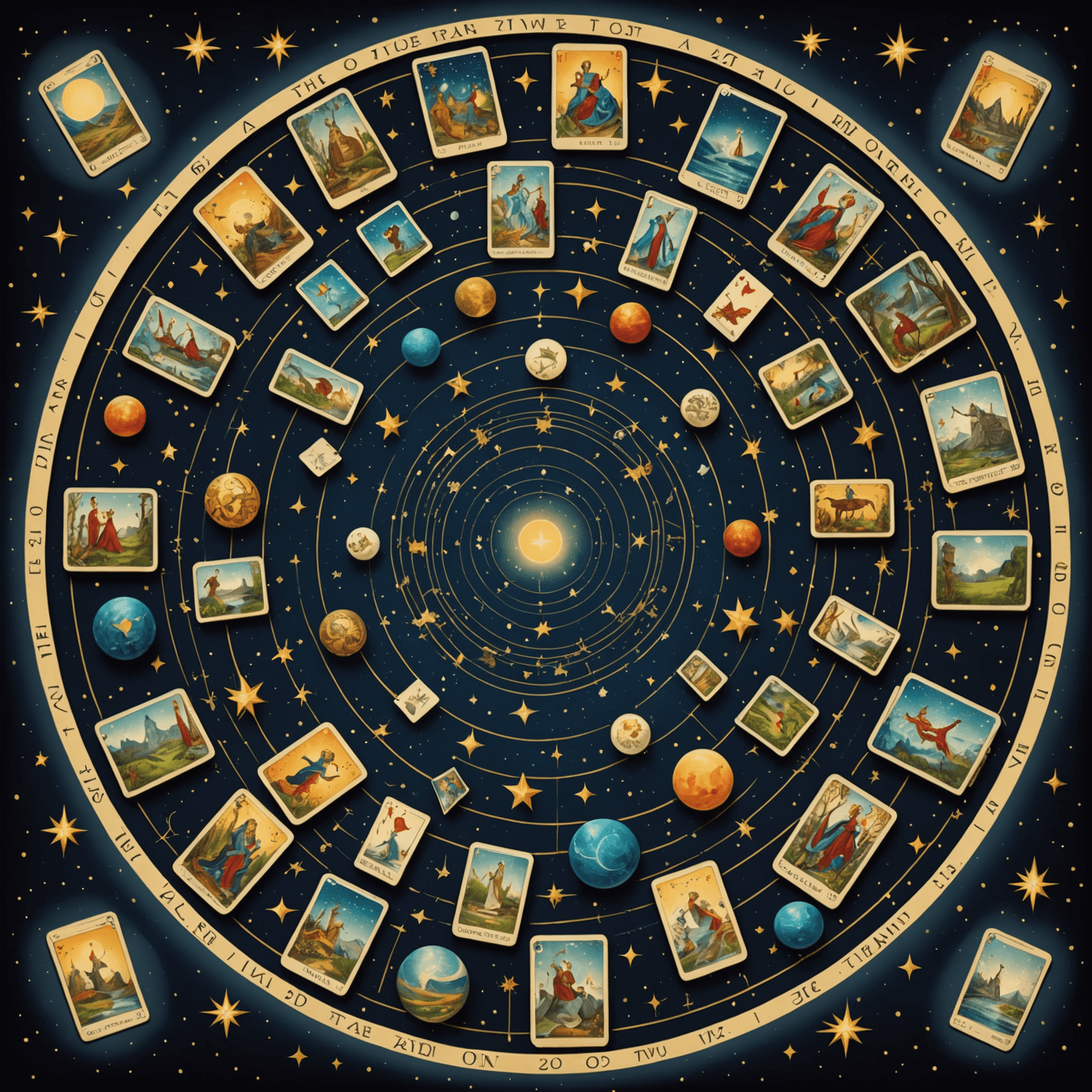 Eine mystische Darstellung verschiedener Tarotkarten, die in einer spiralförmigen Anordnung schweben, umgeben von Sternen und Konstellationen, die das Jahr 2025 symbolisieren